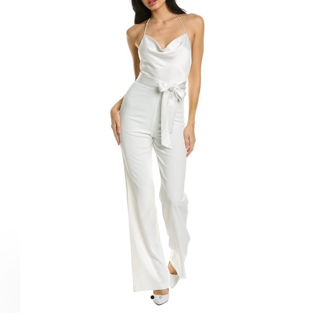 Alice + Olivia Ivory Satin Cowl-Neck Halter Jumpsuit with Tie Waist
